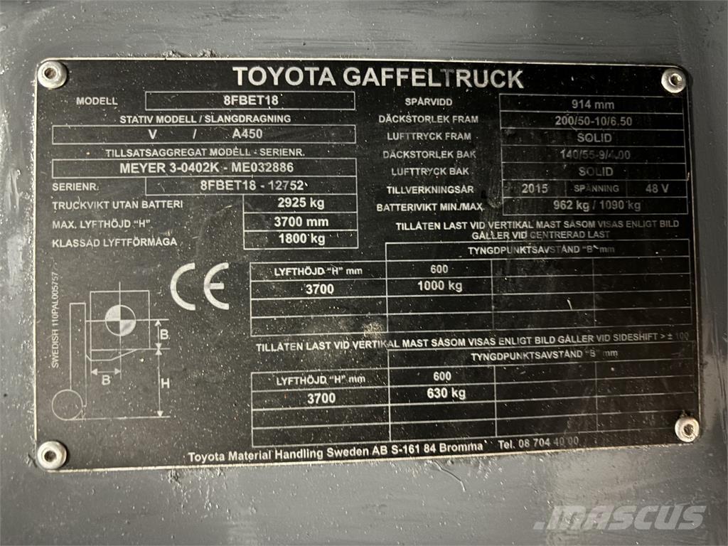 Toyota 8FBET18 バッテリーフォークリフト