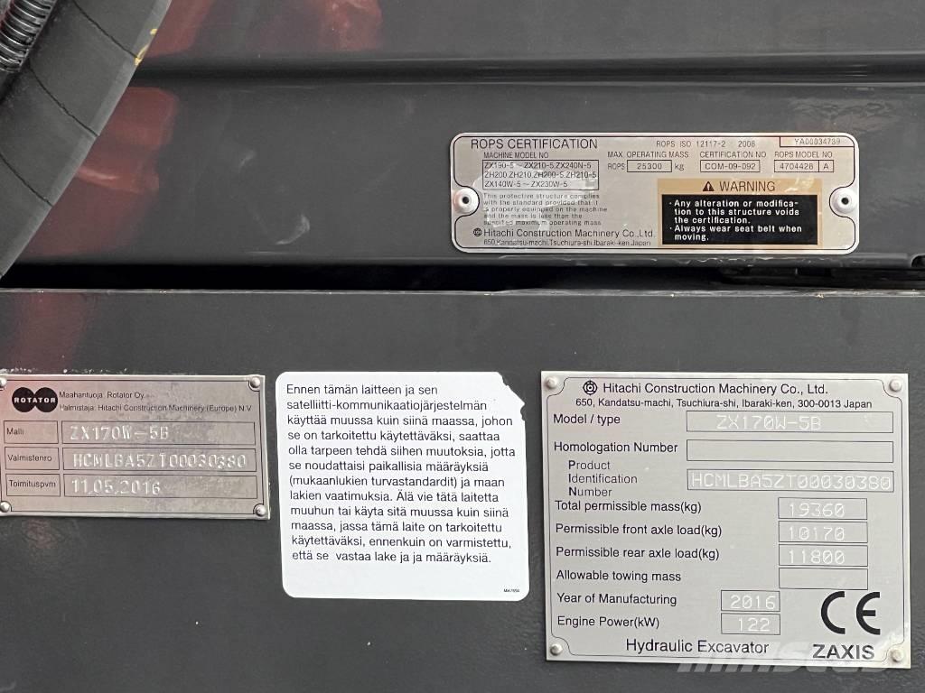 Hitachi ZX 170W-5B ホイール式油圧ショベル（パワーショベル・ユンボ・バックホー）