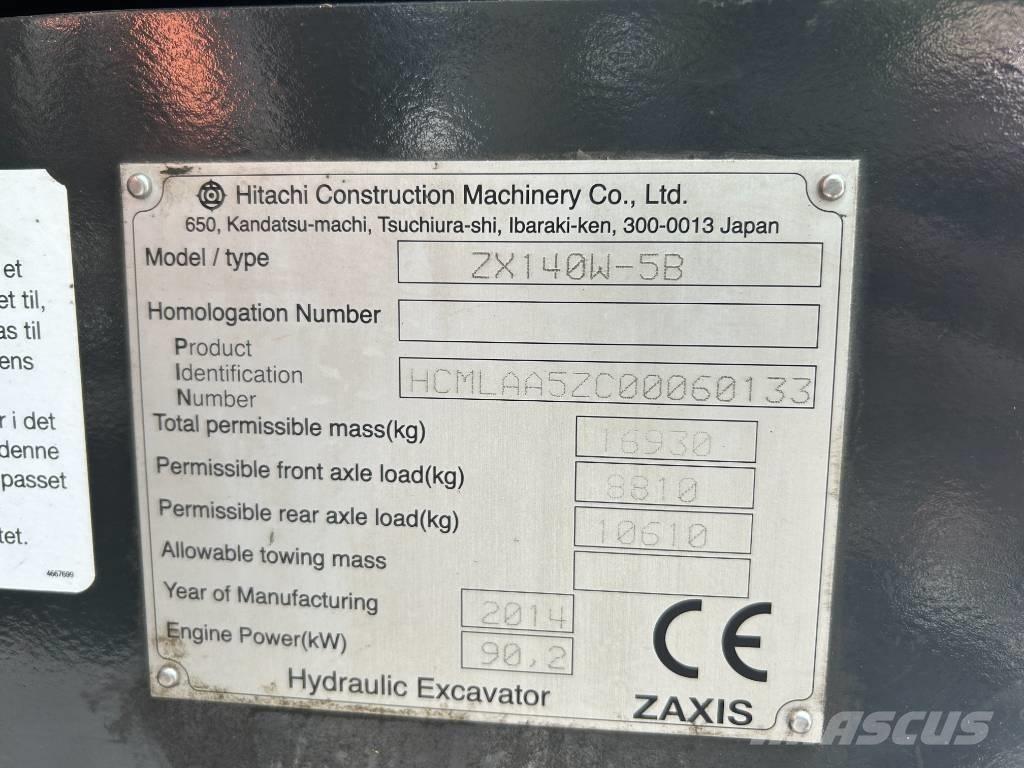Hitachi ZX140W-5B ホイール式油圧ショベル（パワーショベル・ユンボ・バックホー）