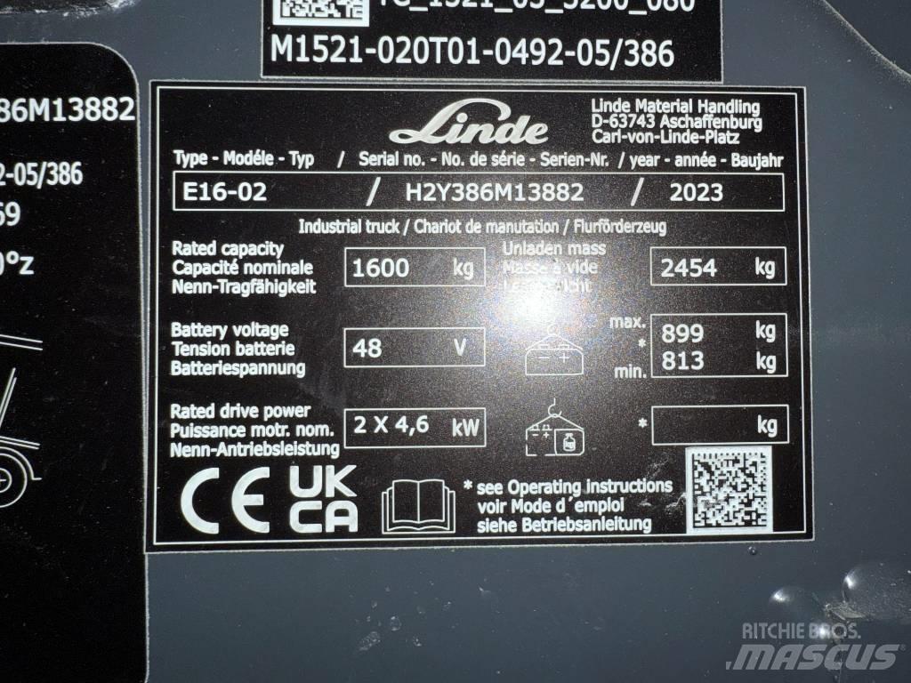 Linde E16/386-02 バッテリーフォークリフト