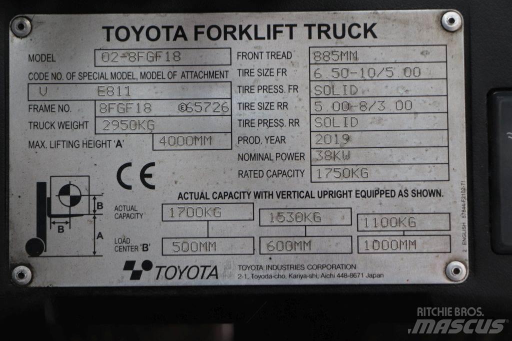 Toyota 02-8FGF18 LPGフォークリフト