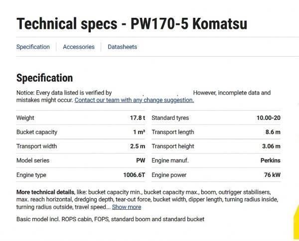 Komatsu PW 170 ホイール式油圧ショベル（パワーショベル・ユンボ・バックホー）