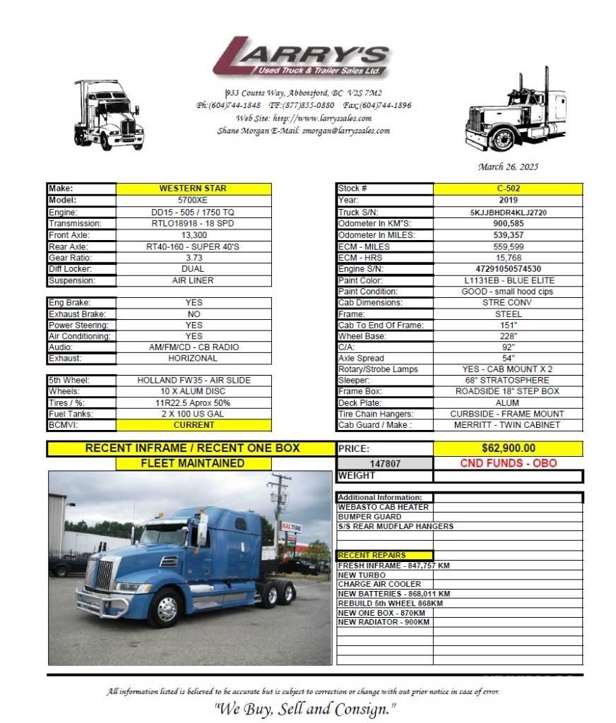 Western Star 5700 XE 中古トラクターヘッド | トレーラーヘッド