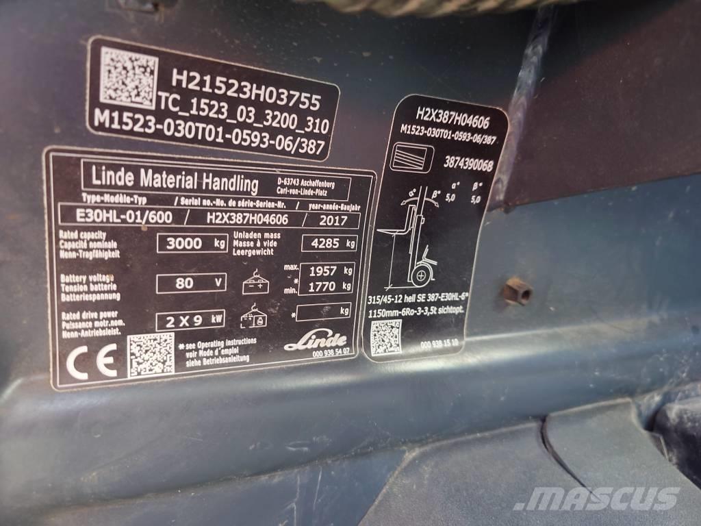 Linde E30/600HL/387 バッテリーフォークリフト