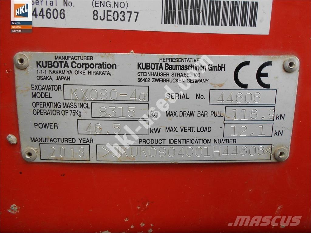 Kubota KX 080-4 ミニ油圧ショベル 7t以下（ミニユンボ・ミニディガー）