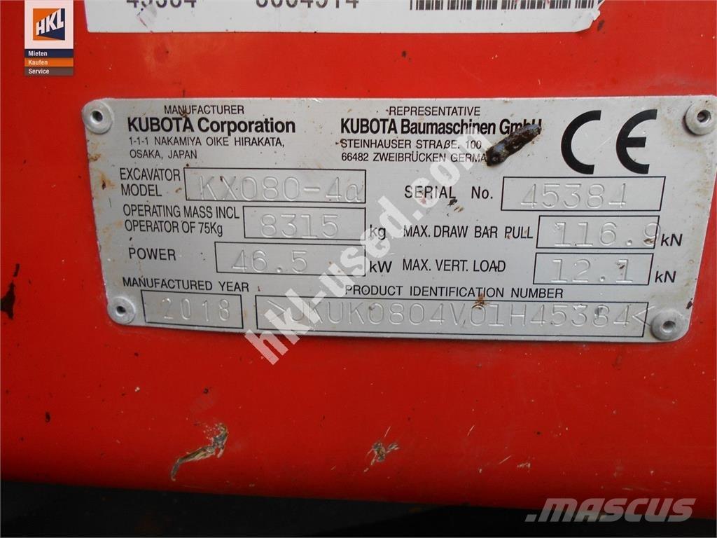 Kubota KX 080-4 ミニ油圧ショベル 7t以下（ミニユンボ・ミニディガー）