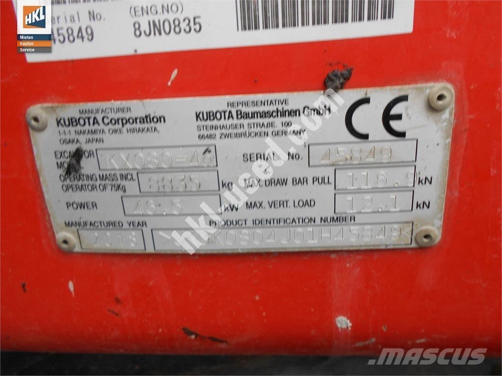 Kubota KX 080-4 ミニ油圧ショベル 7t以下（ミニユンボ・ミニディガー）