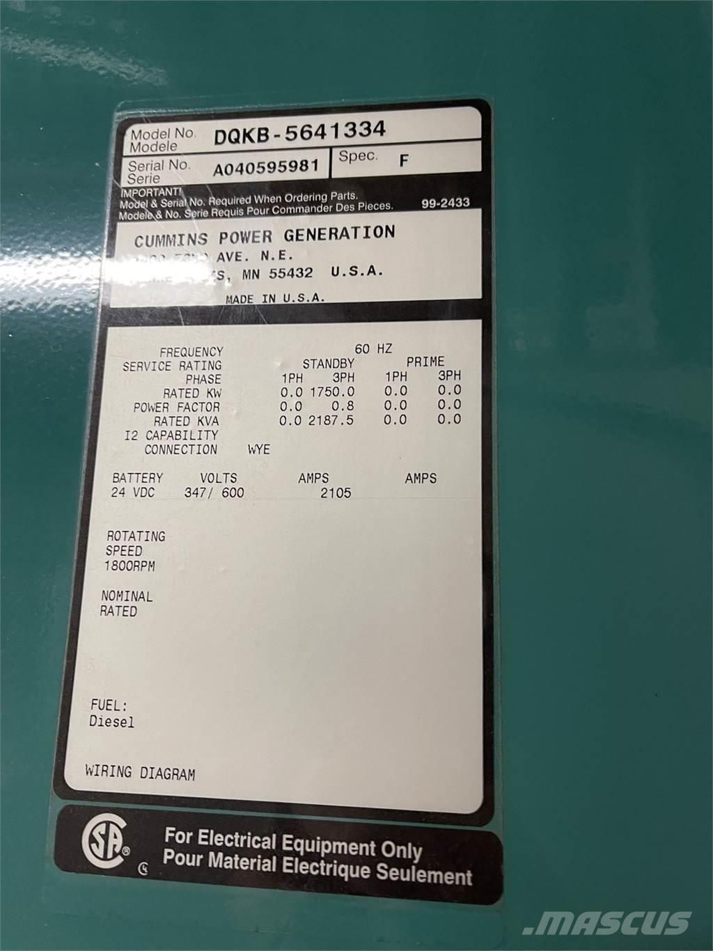 Cummins DQKB-5641334 ディーゼル発電機
