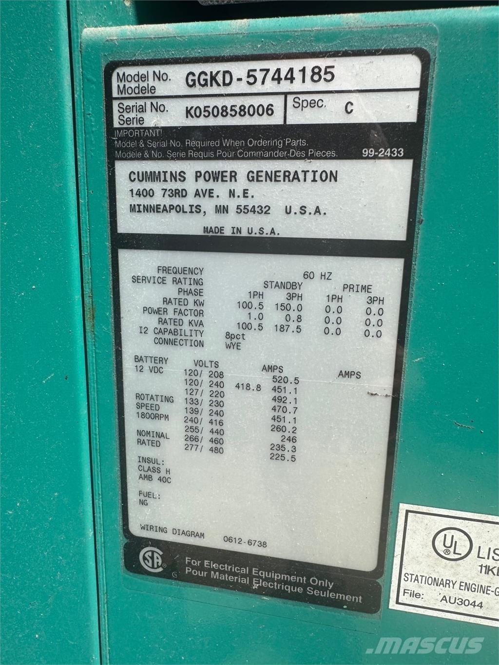 Cummins 150kW ガス発電機