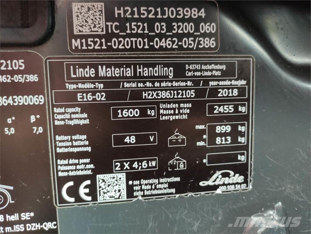 Linde E16-02-386-EVO バッテリーフォークリフト